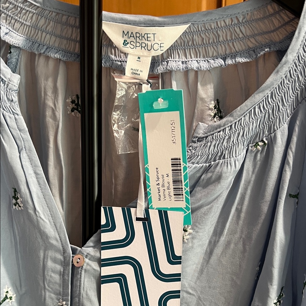 Market & Spruce Light Blue Embroidered Blouse - Picture 2 of 6